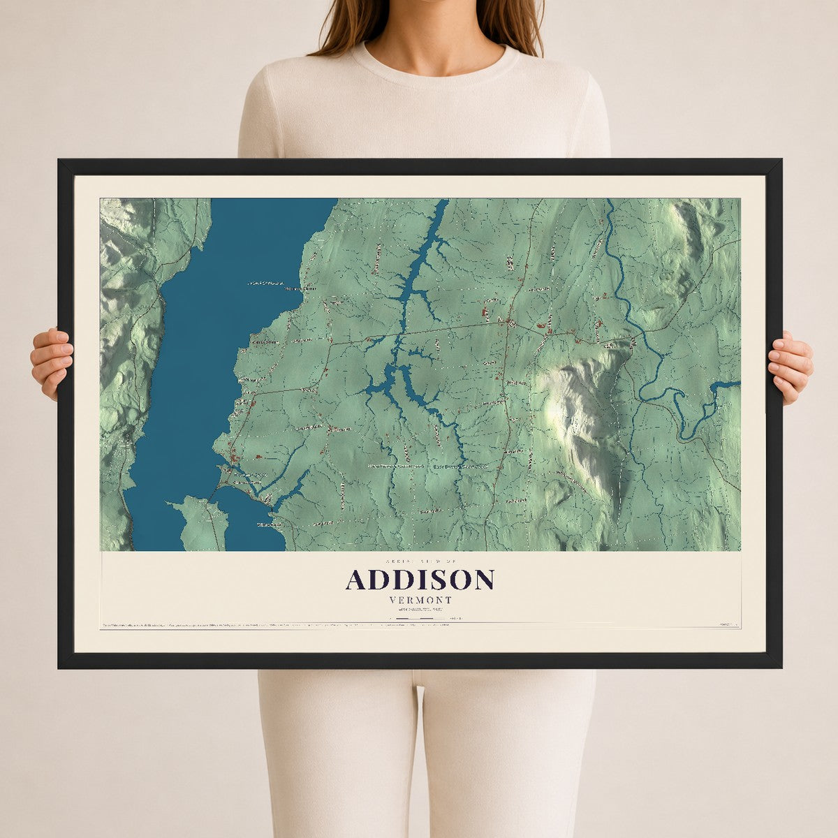 Map of Addison, Vermont, 24 x 36 inch print in a black wood frame