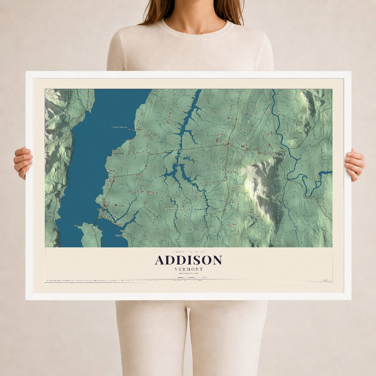 Map of Addison, Vermont, 24 x 36 inch print in a white wood frame