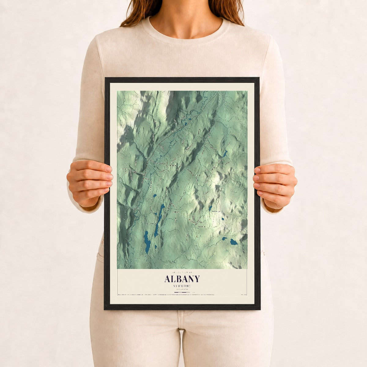 Albany, Vermont map print - 12 x 18 black Ayous wood frame