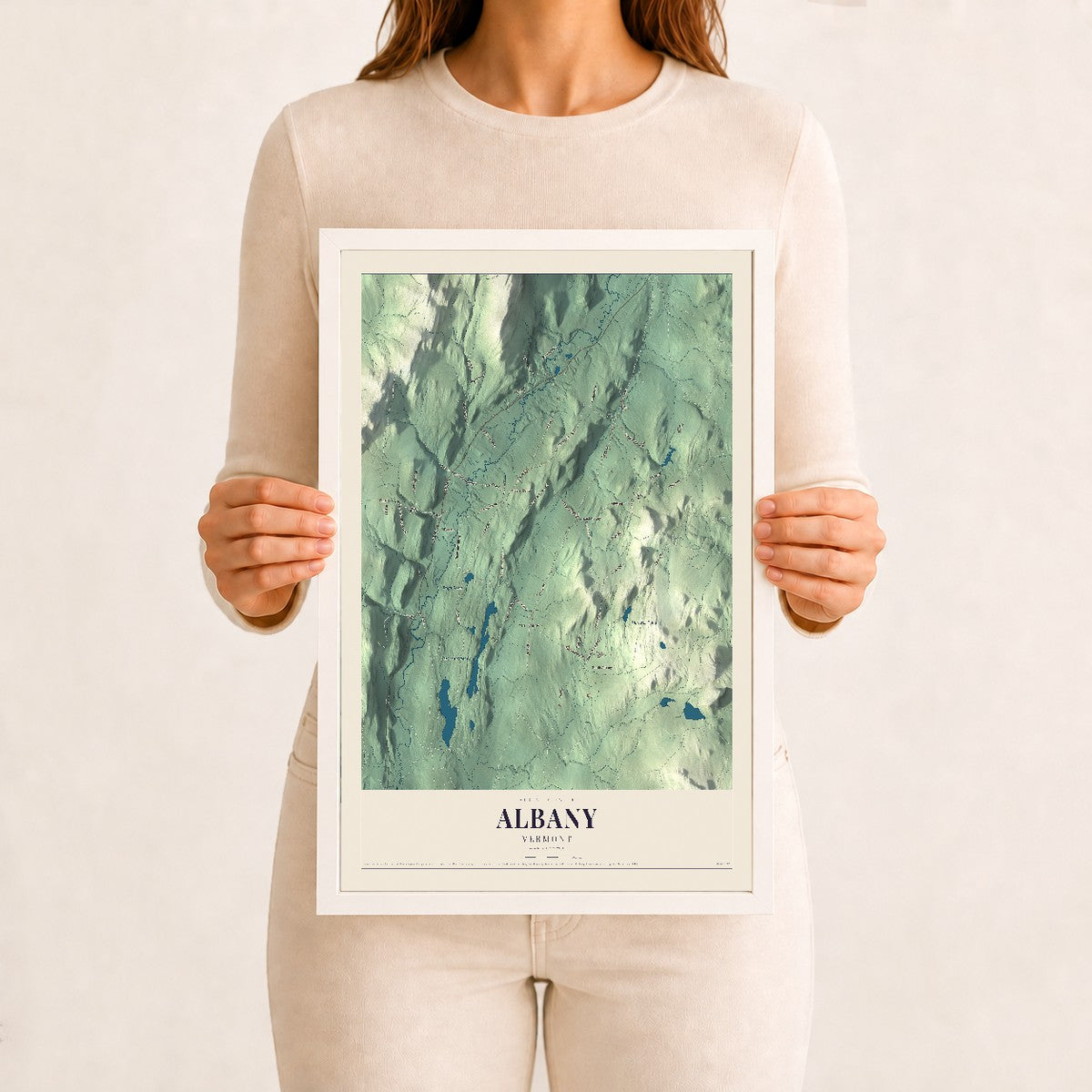 Albany, Vermont map print - 12 x 18 white Ayous wood frame