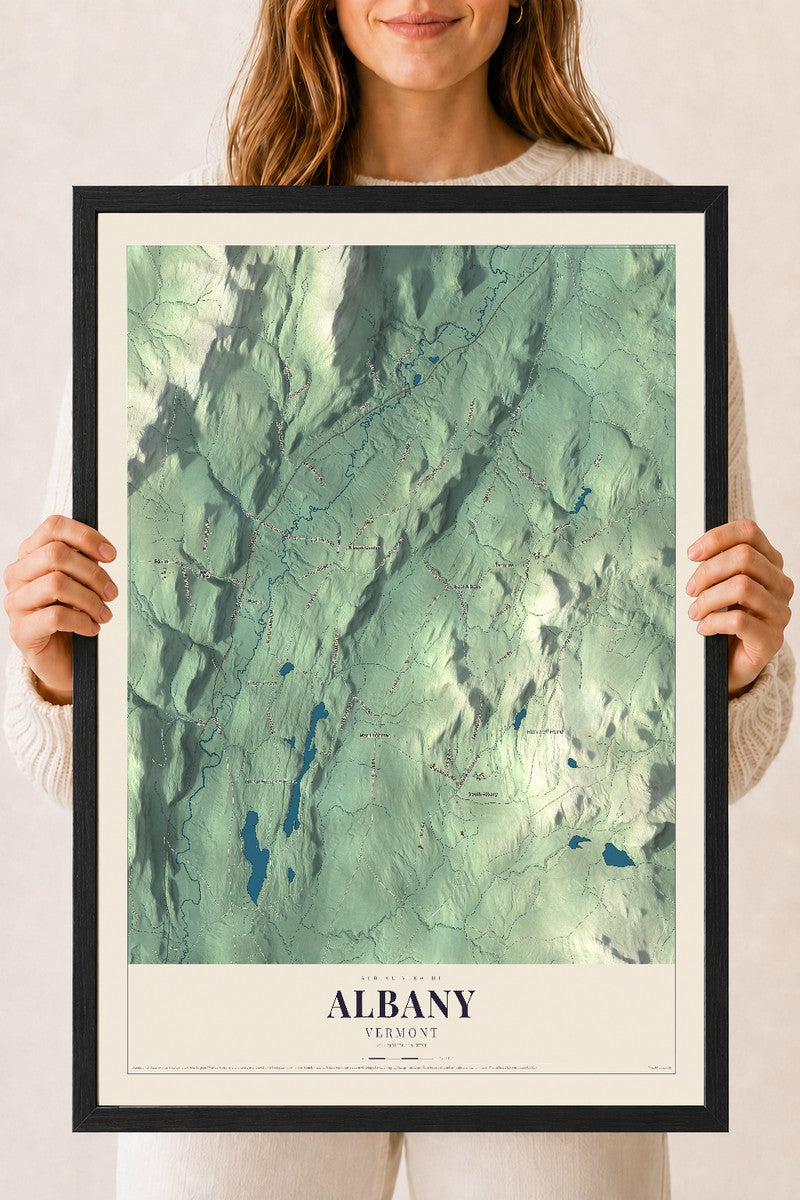 Albany, Vermont map print - 18 x 24 black Ayous wood frame