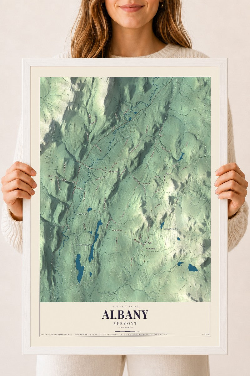 Albany, Vermont map print - 18 x 24 white Ayous wood frame