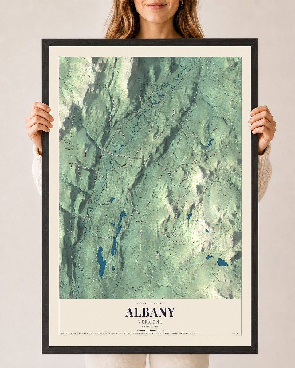 Albany, Vermont map print - 24 x 36 black Ayous wood frame