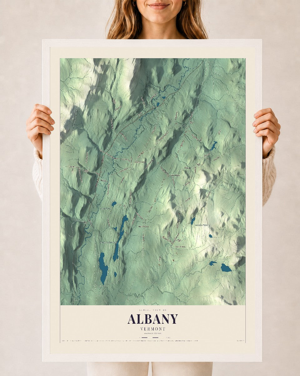 Albany, Vermont map print - 24 x 36 white Ayous wood frame