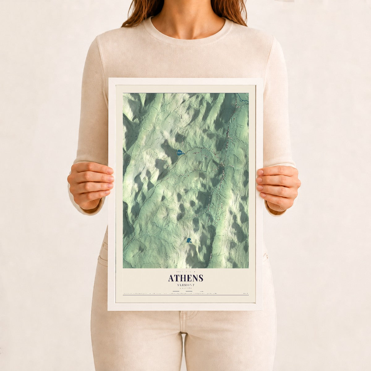 Athens, Vermont map print - 12 x 18 white Ayous wood frame