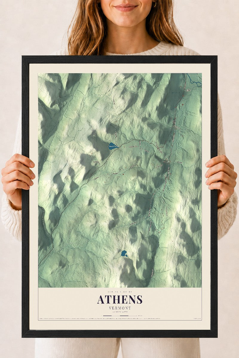 Athens, Vermont map print - 18 x 24 black Ayous wood frame