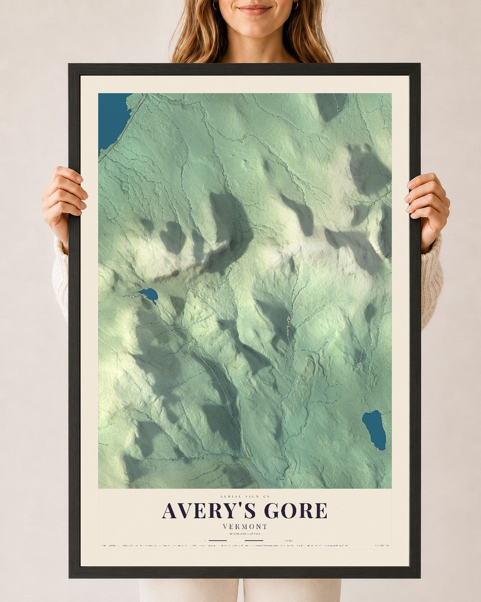 Avery's Gore, Vermont map print - 24 x 36 black Ayous wood frame