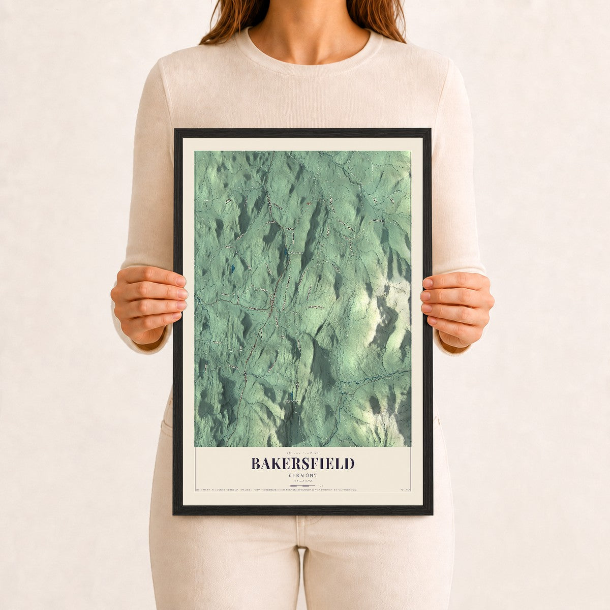 Bakersfield, Vermont map print - 12 x 18 black Ayous wood frame
