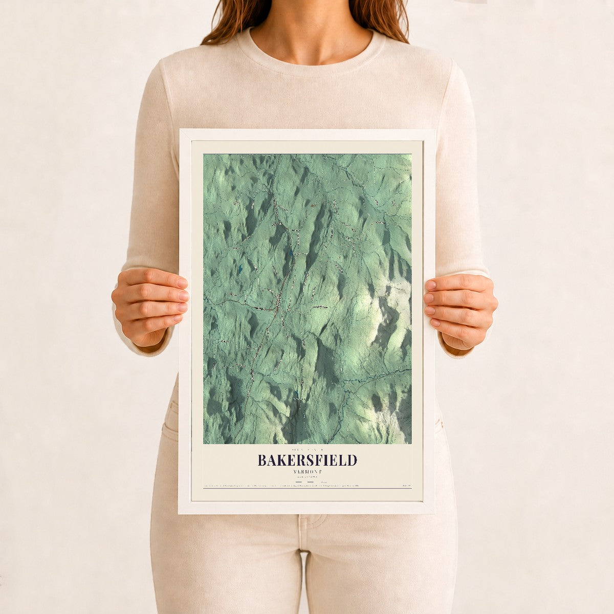 Bakersfield, Vermont map print - 12 x 18 white Ayous wood frame