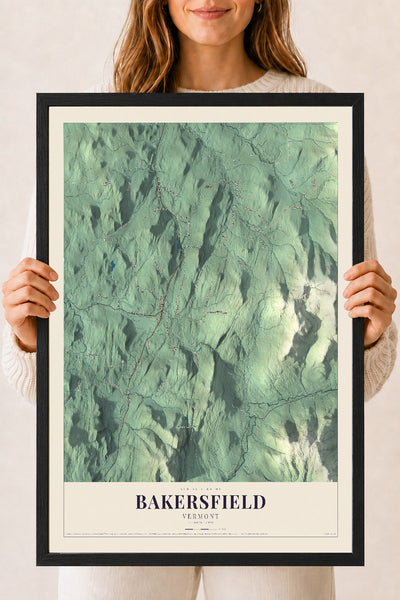 Bakersfield, Vermont map print - 18 x 24 black Ayous wood frame