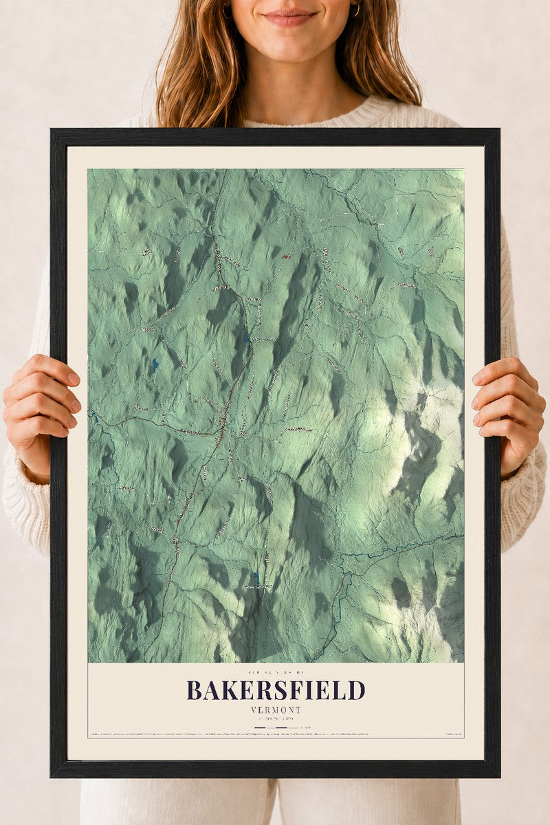 Bakersfield, Vermont map print - 18 x 24 black Ayous wood frame