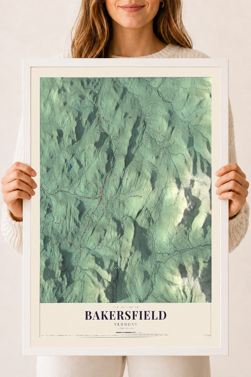 Bakersfield, Vermont map print - 18 x 24 white Ayous wood frame