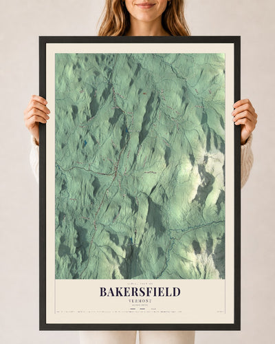 Bakersfield, Vermont map print - 24 x 36 black Ayous wood frame