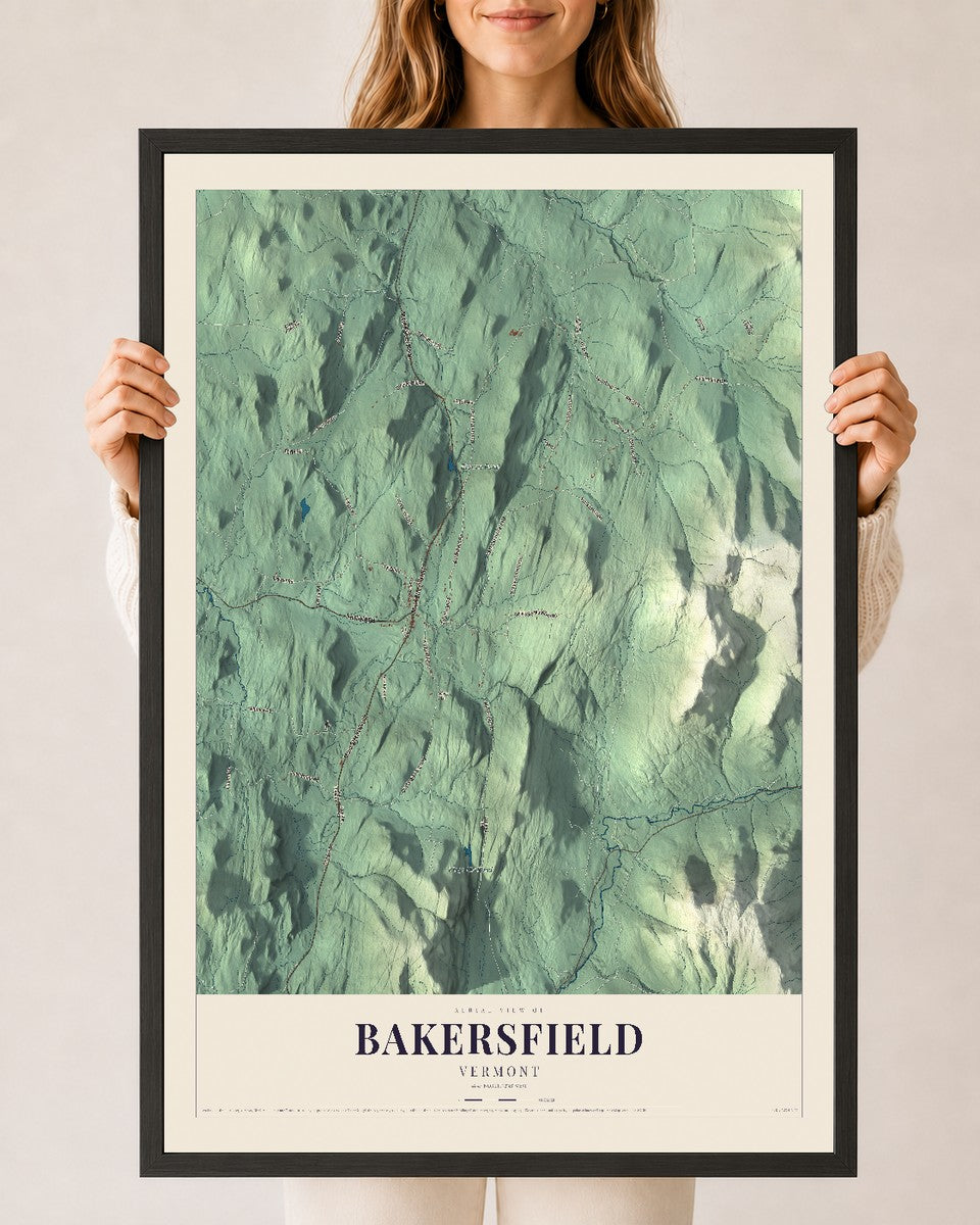 Bakersfield, Vermont map print - 24 x 36 black Ayous wood frame
