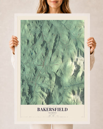 Bakersfield, Vermont map print - 24 x 36 white Ayous wood frame