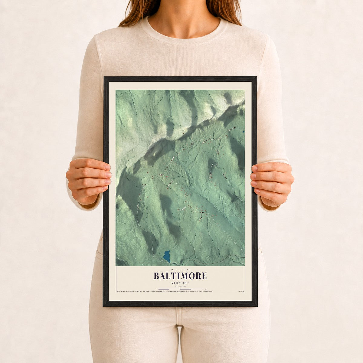 Baltimore, Vermont map print - 12 x 18 black Ayous wood frame