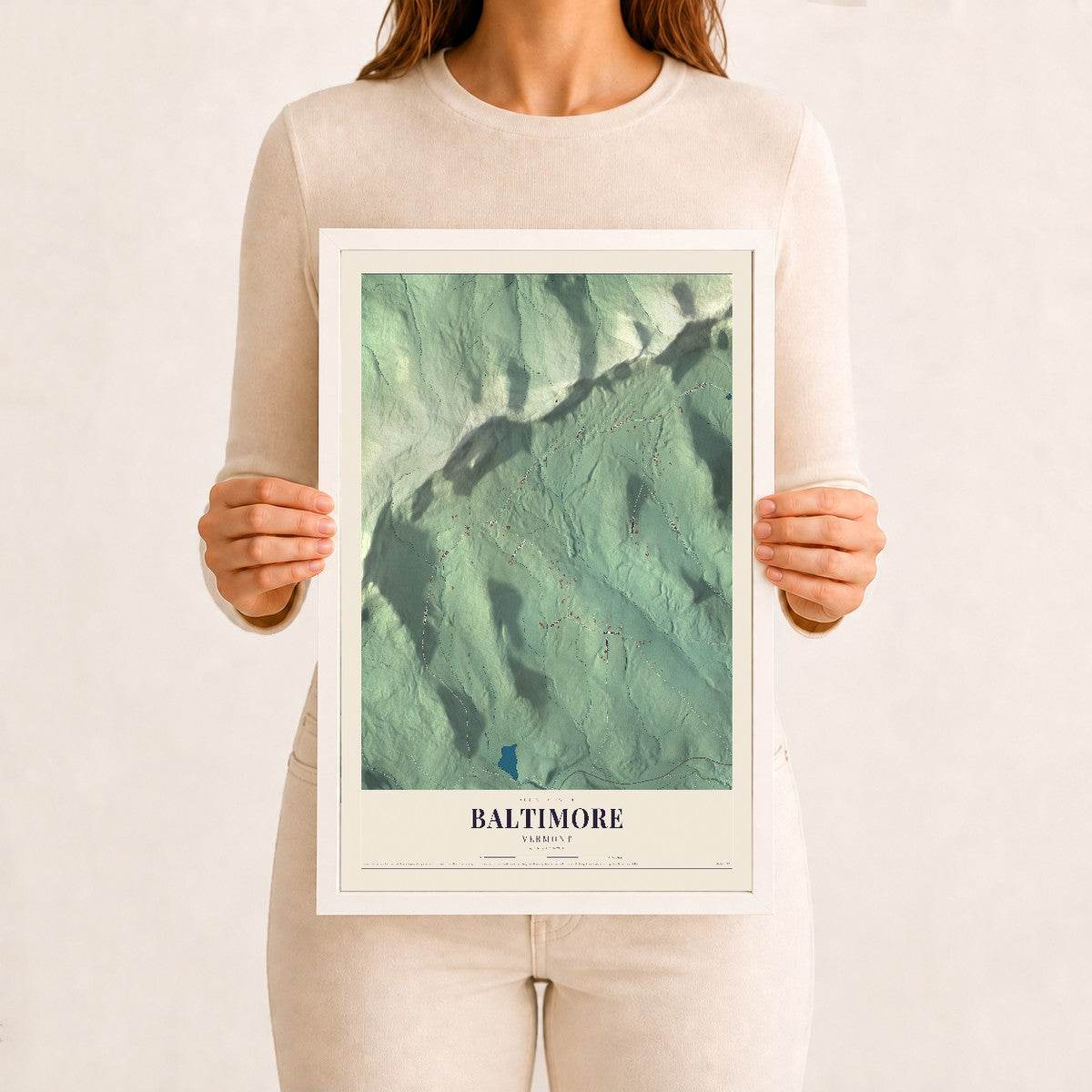 Baltimore, Vermont map print - 12 x 18 white Ayous wood frame
