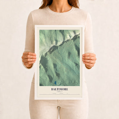Baltimore, Vermont map print - 12 x 18 white Ayous wood frame