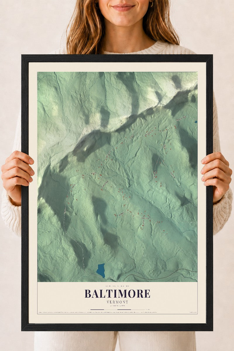 Baltimore, Vermont map print - 18 x 24 black Ayous wood frame