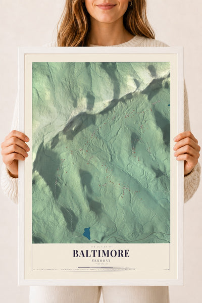 Baltimore, Vermont map print - 18 x 24 white Ayous wood frame