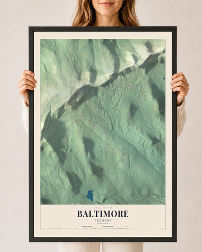 Baltimore, Vermont map print - 24 x 36 black Ayous wood frame