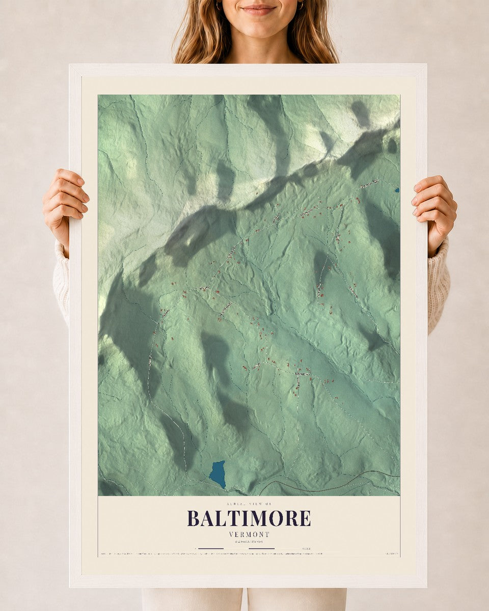 Baltimore, Vermont map print - 24 x 36 white Ayous wood frame