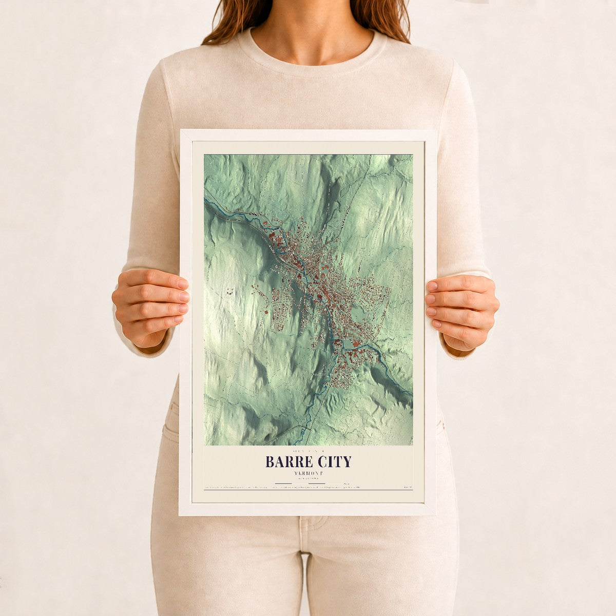 Barre City, Vermont map print - 12 x 18 white Ayous wood frame