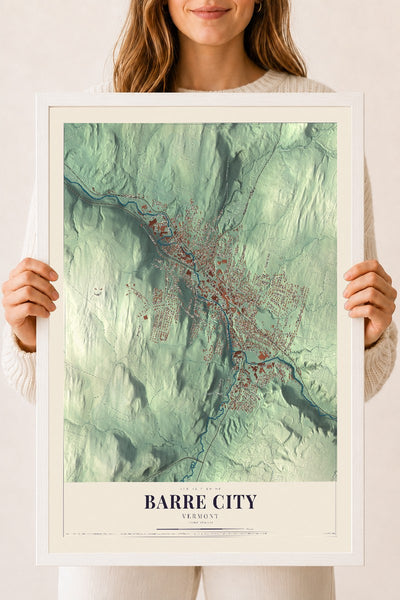 Barre City, Vermont map print - 18 x 24 white Ayous wood frame