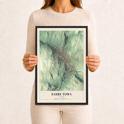 Barre Town, Vermont map print - 12 x 18 black Ayous wood frame