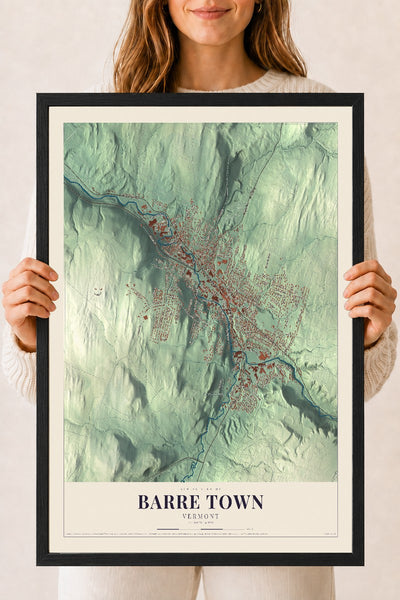 Barre Town, Vermont map print - 18 x 24 black Ayous wood frame