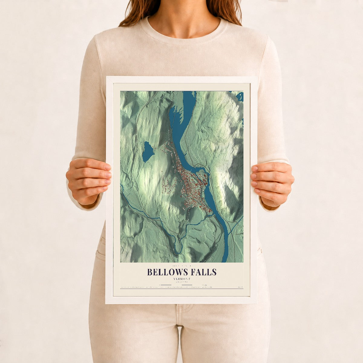 Bellows Falls, Vermont map print - 12 x 18 white Ayous wood frame