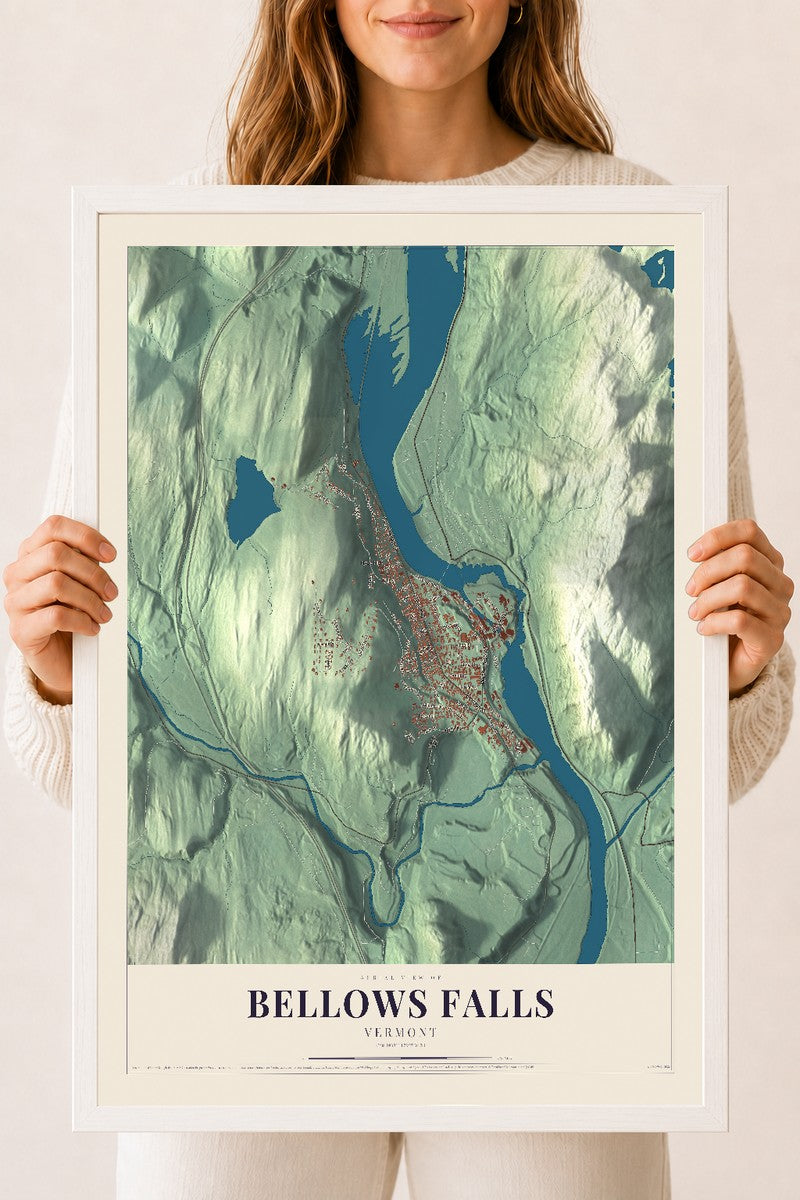 Bellows Falls, Vermont map print - 18 x 24 white Ayous wood frame