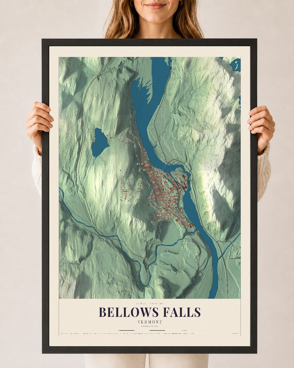 Bellows Falls, Vermont map print - 24 x 36 black Ayous wood frame