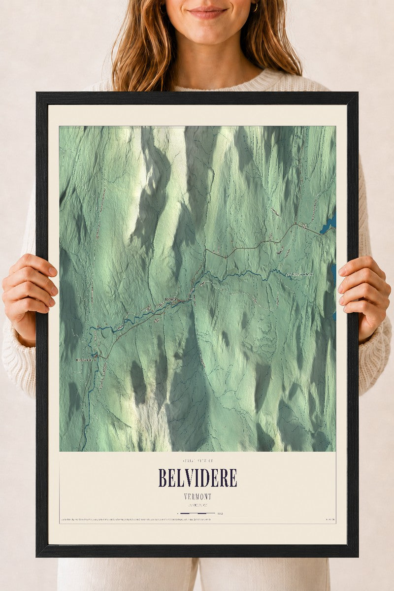 Belvidere, Vermont map print - 18 x 24 black Ayous wood frame