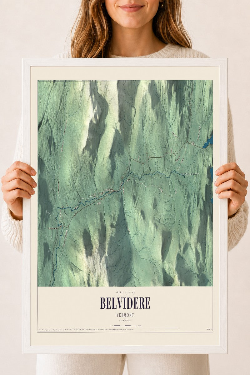 Belvidere, Vermont map print - 18 x 24 white Ayous wood frame