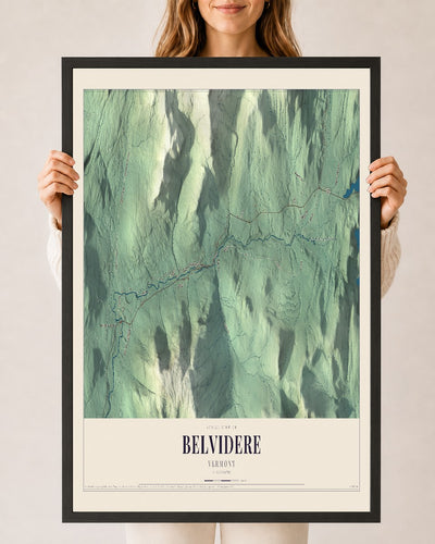 Belvidere, Vermont map print - 24 x 36 black Ayous wood frame