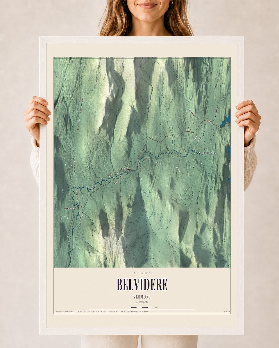 Belvidere, Vermont map print - 24 x 36 white Ayous wood frame