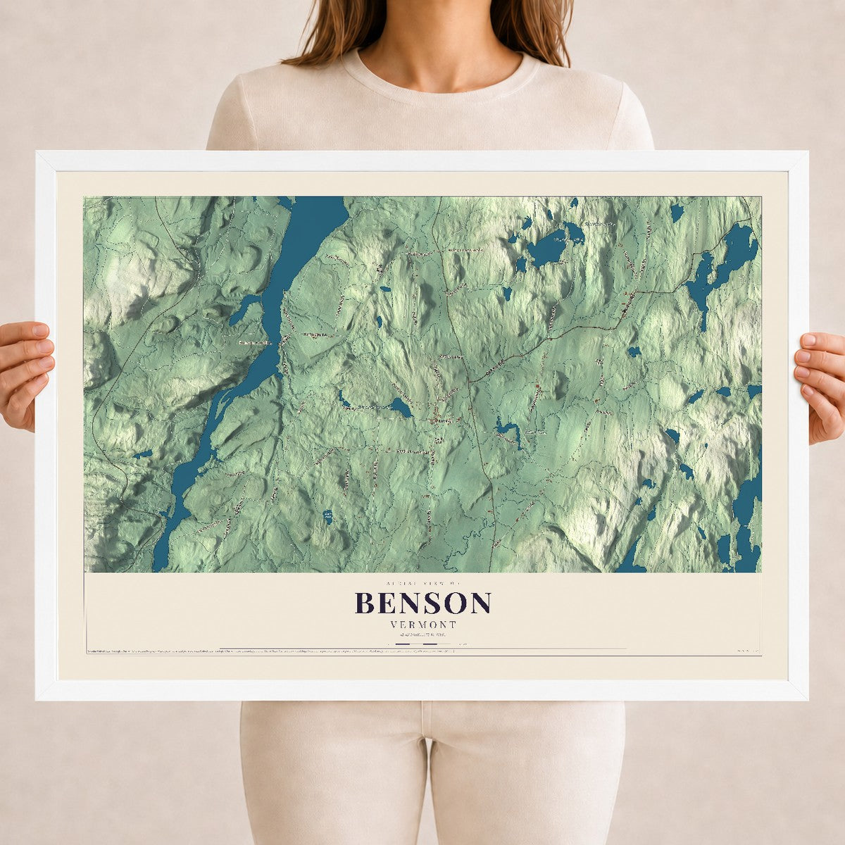 Map of Benson, Vermont, 18 x 24 inch print in a white wood frame