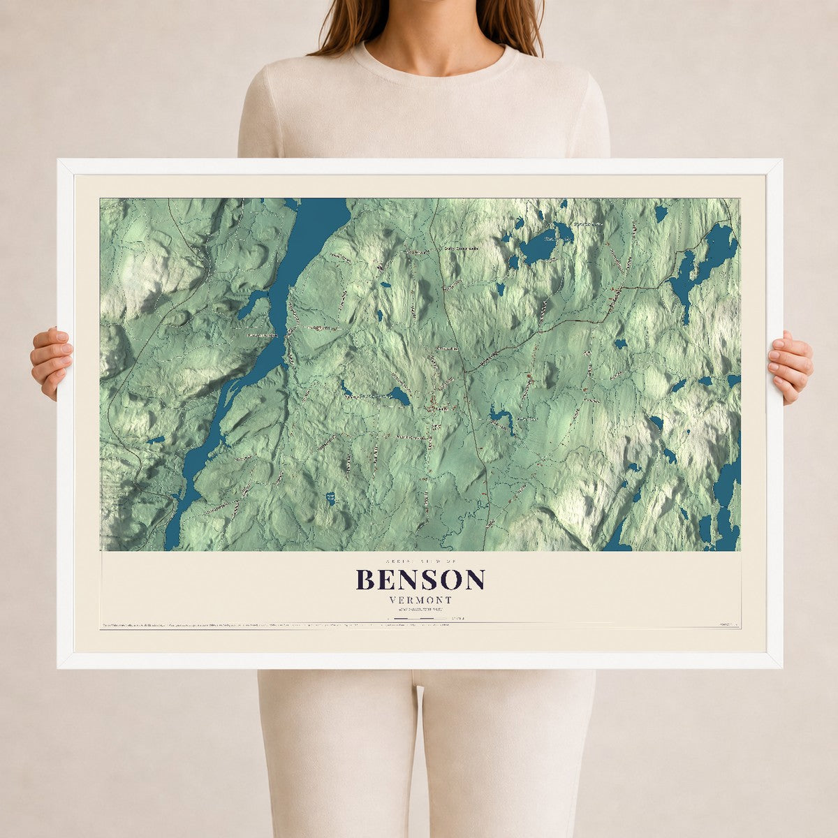 Map of Benson, Vermont, 24 x 36 inch print in a white wood frame