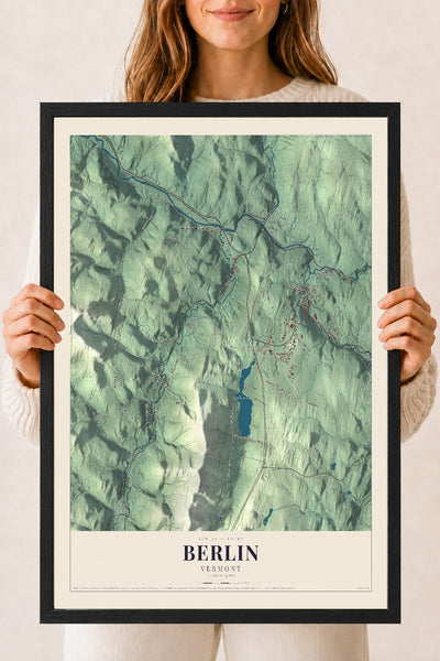 Berlin, Vermont map print - 18 x 24 black Ayous wood frame
