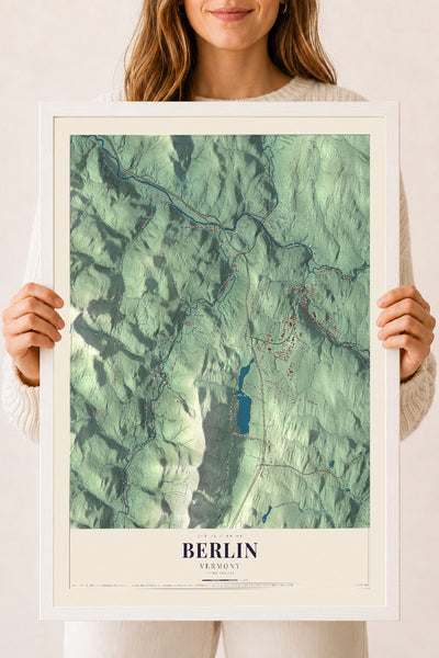 Berlin, Vermont map print - 18 x 24 white Ayous wood frame