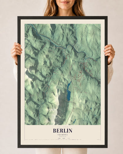 Berlin, Vermont map print - 24 x 36 black Ayous wood frame
