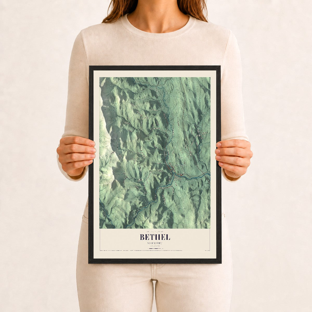 Bethel, Vermont map print - 12 x 18 black Ayous wood frame