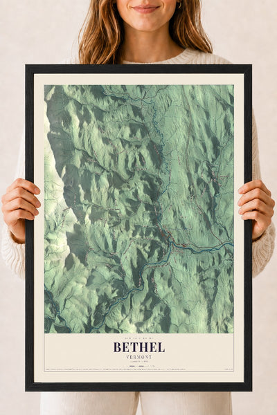 Bethel, Vermont map print - 18 x 24 black Ayous wood frame