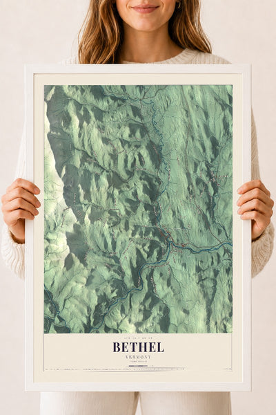 Bethel, Vermont map print - 18 x 24 white Ayous wood frame