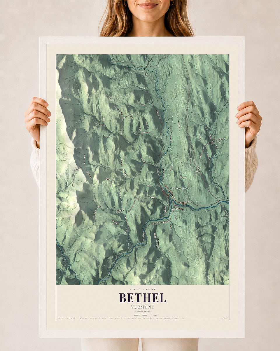 Bethel, Vermont map print - 24 x 36 white Ayous wood frame