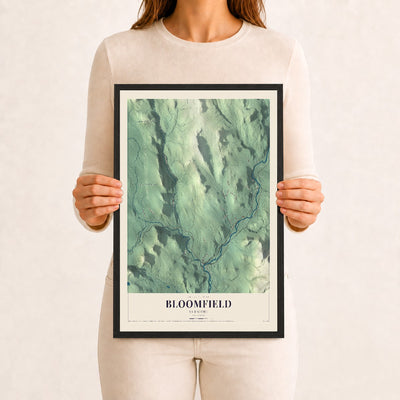 Bloomfield, Vermont map print - 12 x 18 black Ayous wood frame