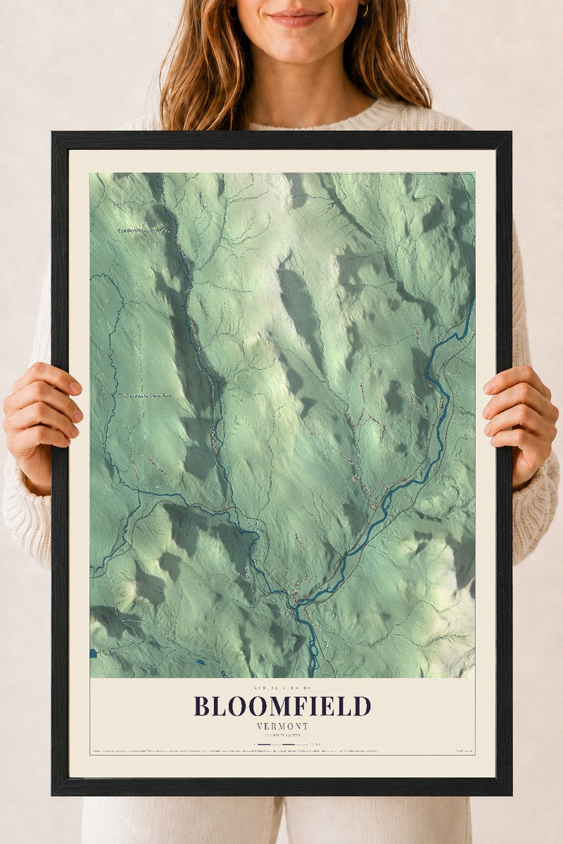 Bloomfield, Vermont map print - 18 x 24 black Ayous wood frame