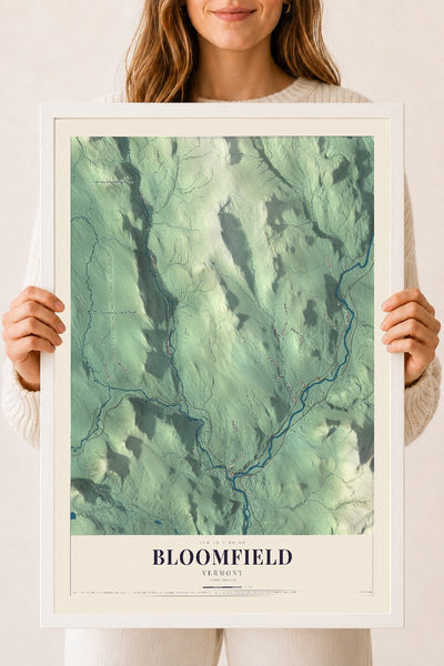 Bloomfield, Vermont map print - 18 x 24 white Ayous wood frame