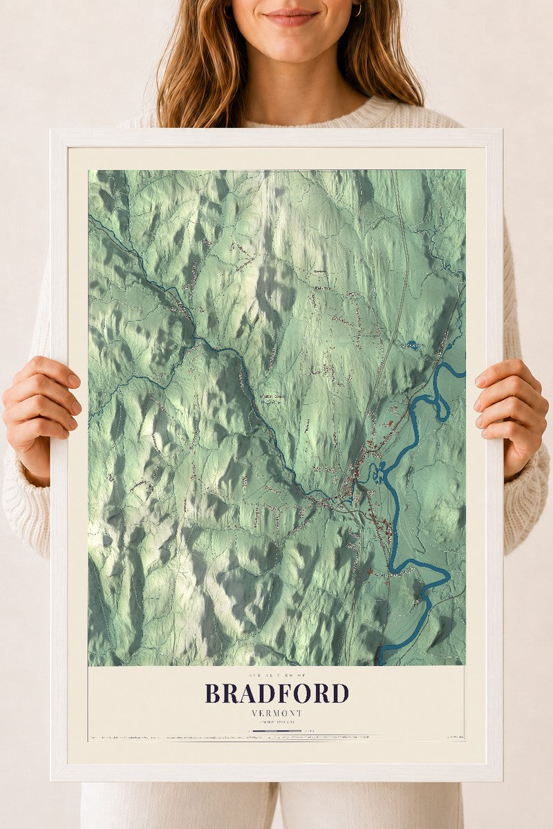 Bradford, Vermont map print - 18 x 24 white Ayous wood frame